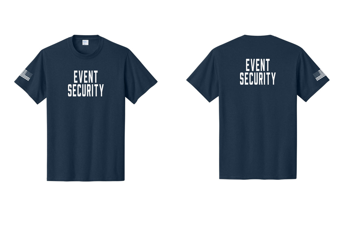 NYC Factory Event Security T-Shirt for Venues & Crowd Management (Classic) - Front + Back + US Flag Sleeve - Navy