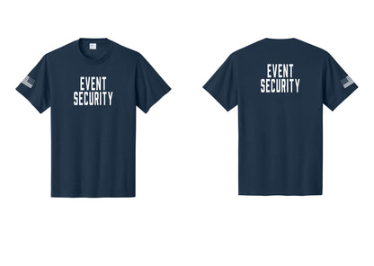 NYC Factory Event Security T-Shirt for Venues & Crowd Management (Classic) - Front + Back + US Flag Sleeve - Navy