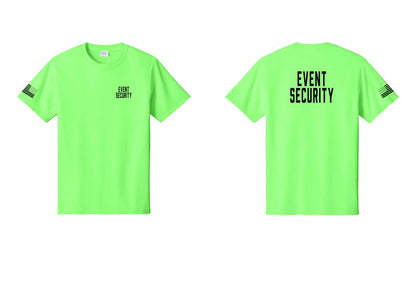 NYC Factory Event Security T-Shirt for Venues & Crowd Management (Classic) - Chest + Back + US Flag Sleeve - Neon Green