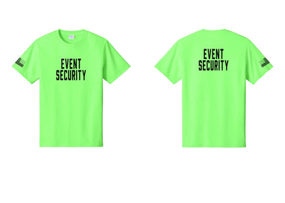 NYC Factory Event Security T-Shirt for Venues & Crowd Management (Classic) - Front + Back + US Flag Sleeve - Neon Green
