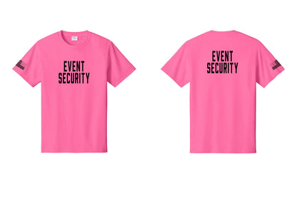 NYC Factory Event Security T-Shirt for Venues & Crowd Management (Classic) - Front + Back + US Flag Sleeve - Neon Pink