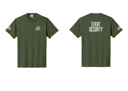 NYC Factory Event Security T-Shirt for Venues & Crowd Management (Classic) - Chest + Back + US Flag Sleeve - Olive