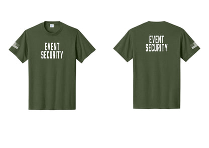 NYC Factory Event Security T-Shirt for Venues & Crowd Management (Classic) - Front + Back + US Flag Sleeve - Olive