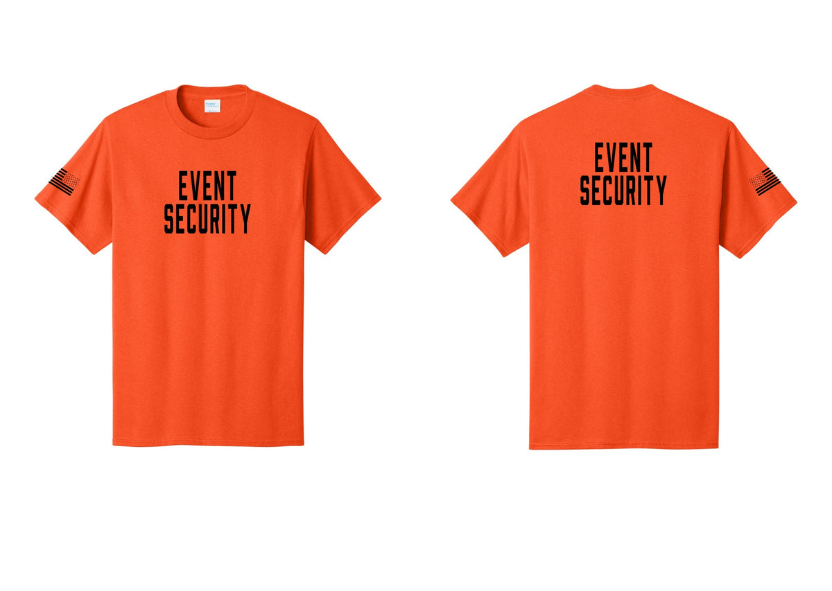 NYC Factory Event Security T-Shirt for Venues & Crowd Management (Classic) - Front + Back + US Flag Sleeve - Orange