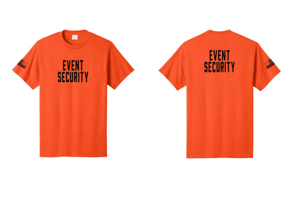 NYC Factory Event Security T-Shirt for Venues & Crowd Management (Classic) - Front + Back + US Flag Sleeve - Orange