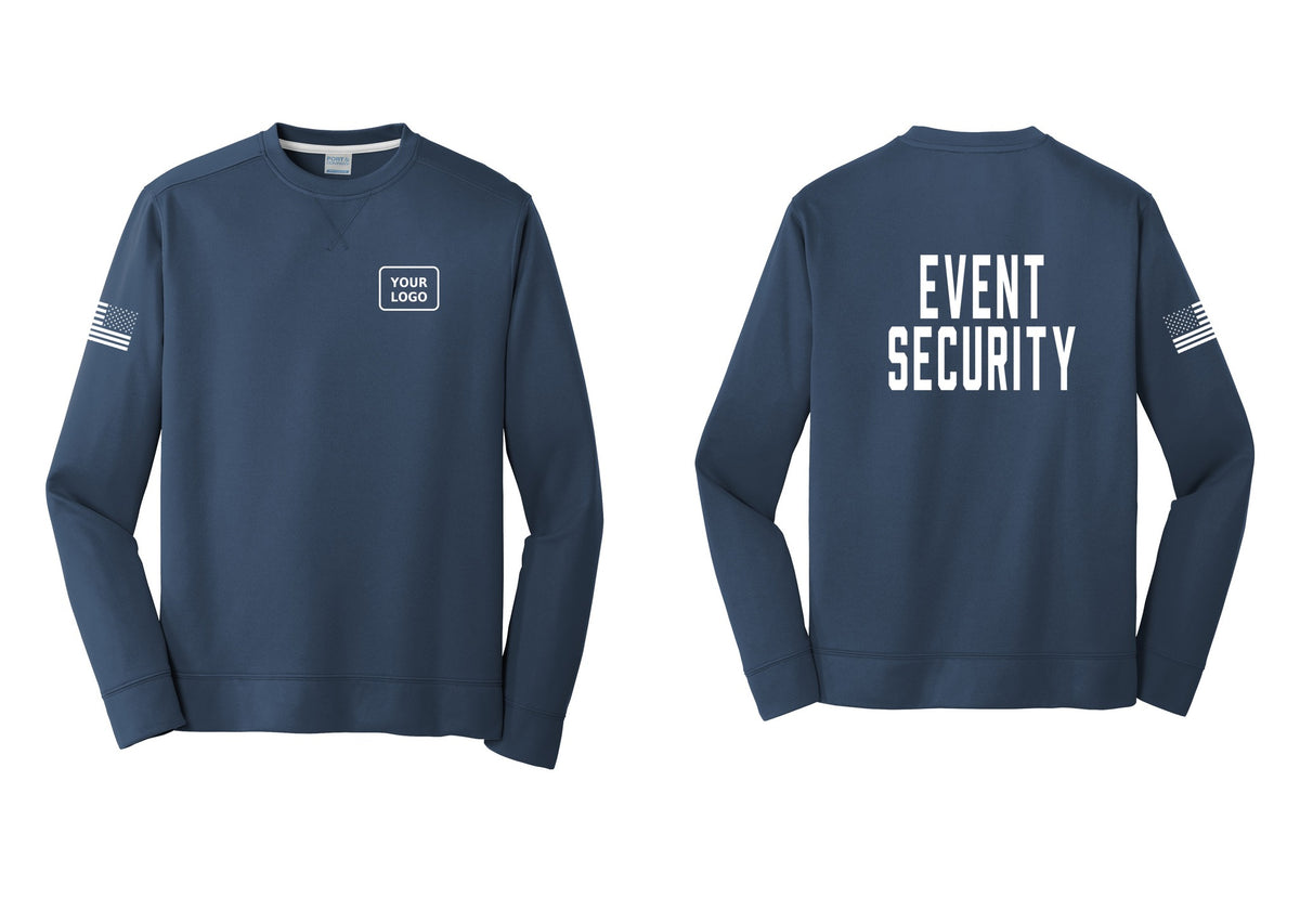 NYC Factory Custom Logo Event Security Performance Fleece Crewneck Sweatshirt (Classic) - Your Logo + Back + US Flag Sleeve - Navy