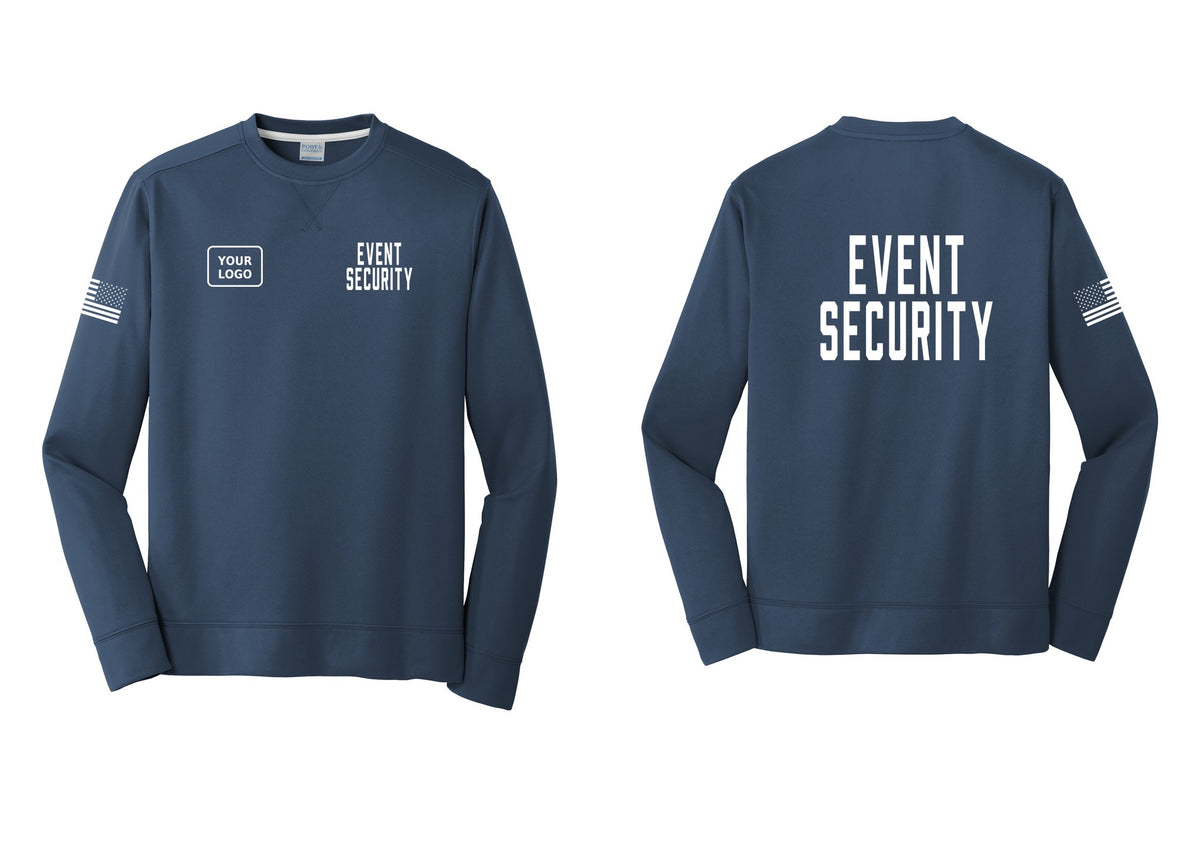 NYC Factory Custom Logo Event Security Performance Fleece Crewneck Sweatshirt (Classic) - EVENT SECURITY + Your Logo + Back + US Flag Sleeve - Navy