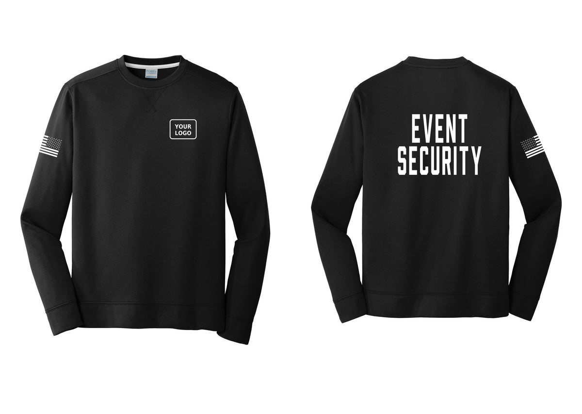 NYC Factory Custom Logo Event Security Performance Fleece Crewneck Sweatshirt (Classic) - Your Logo + Back + US Flag Sleeve - Black