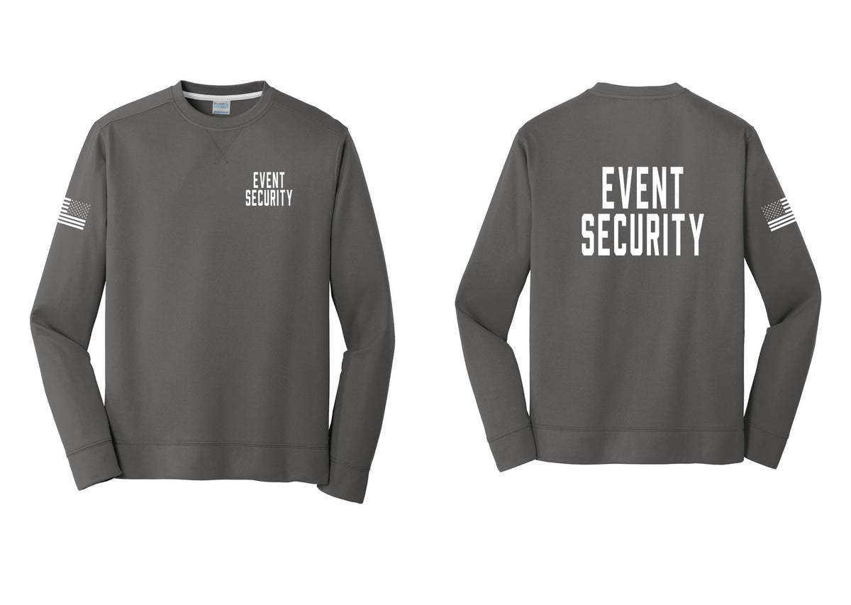 NYC Factory Event Security Performance Fleece Crewneck Sweatshirt (Classic) - Chest + Back + US Flag Sleeve - Charcoal