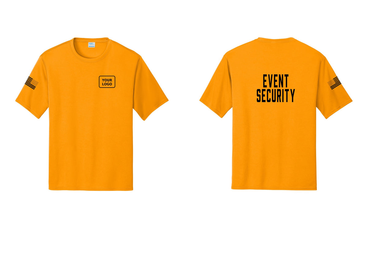 NYC Factory Custom Logo Event Security Performance T-Shirt (Classic) - Your Logo + Back + US Flag Sleeve - Gold
