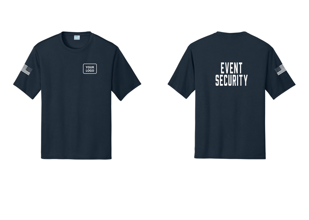 NYC Factory Custom Logo Event Security Performance T-Shirt (Classic) - Your Logo + Back + US Flag Sleeve - Navy