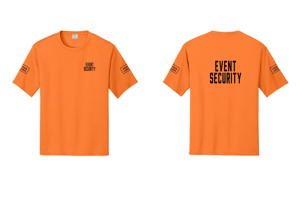 NYC Factory Custom Logo Event Security Performance T-Shirt (Classic) - Chest + Back + Your Logo Sleeves - Neon Orange