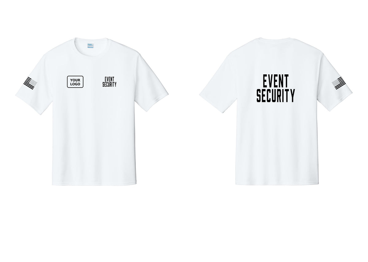 NYC Factory Custom Logo Event Security Performance T-Shirt (Classic) - EVENT SECURITY + Your Logo + Back + US Flag Sleeve - White