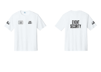 NYC Factory Custom Logo Event Security Performance T-Shirt (Classic) - EVENT SECURITY + Your Logo + Back + US Flag Sleeve - White