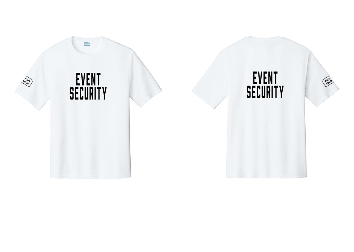 NYC Factory Custom Logo Event Security Performance T-Shirt (Classic) - Front + Back + Your Logo Sleeve - White