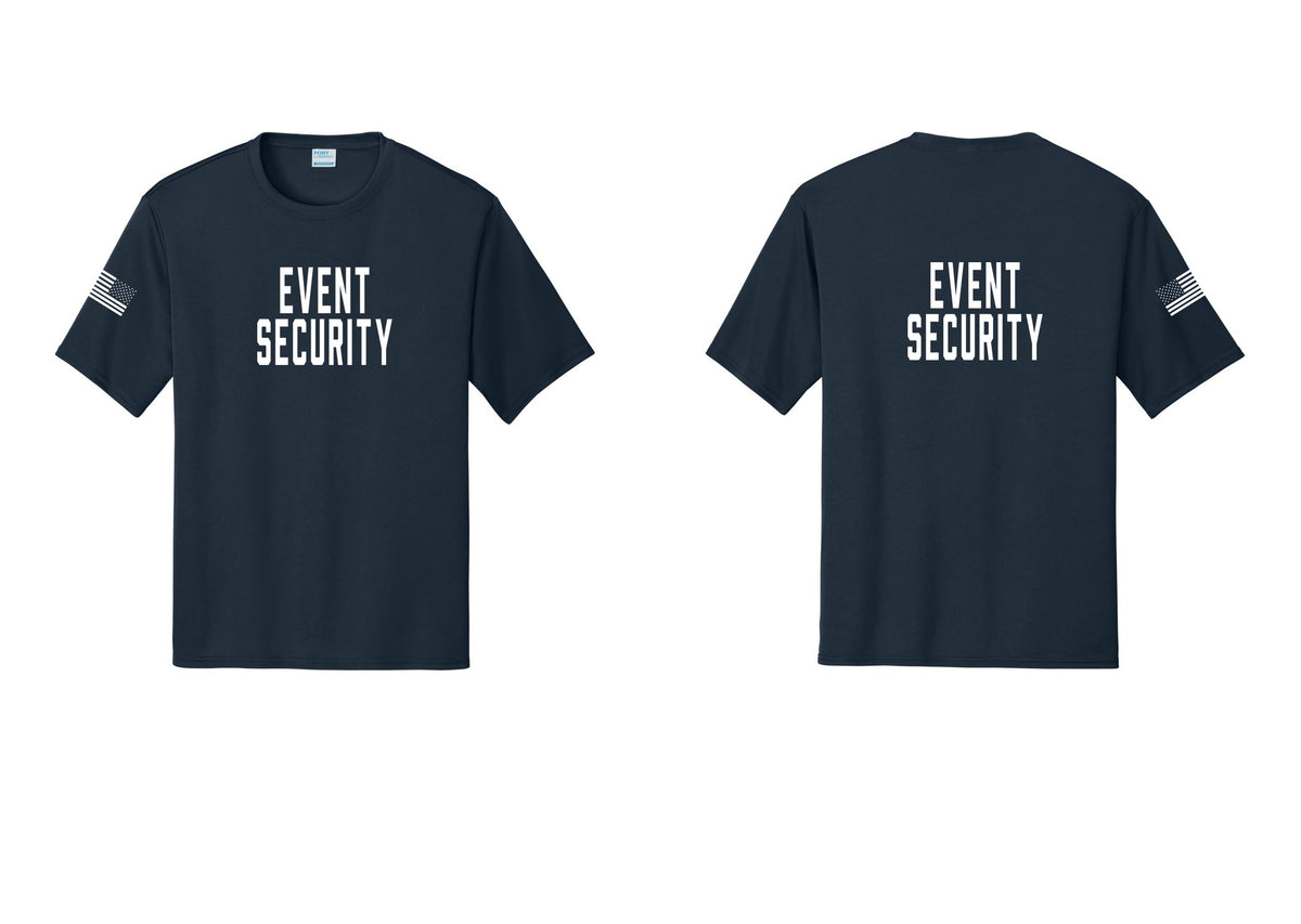 NYC Factory Event Security Performance T-Shirt (Classic) - Front + Back + US Flag Sleeve - Navy