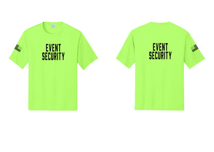 NYC Factory Event Security Performance T-Shirt (Classic) - Front + Back + US Flag Sleeve - Neon Green