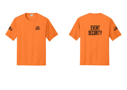 NYC Factory Event Security Performance T-Shirt (Classic) - Chest + Back + US Flag Sleeve - Neon Orange