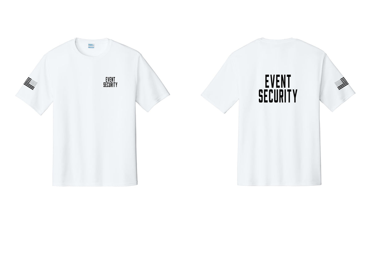 NYC Factory Event Security Performance T-Shirt (Classic) - Chest + Back + US Flag Sleeve - White