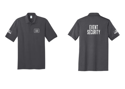 NYC Factory Custom Logo Event Security Polo Shirt (Classic) - Your Logo + Back + US Flag Sleeve - Charcoal