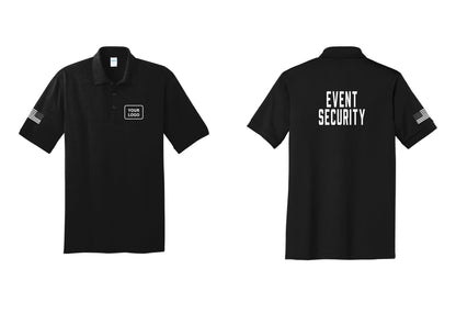 NYC Factory Custom Logo Event Security Polo Shirt (Classic) - Your Logo + Back + US Flag Sleeve - Black