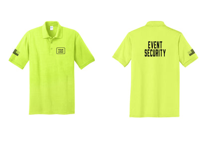 NYC Factory Custom Logo Event Security Polo Shirt (Classic) - Your Logo + Back + US Flag Sleeve - Safety Green