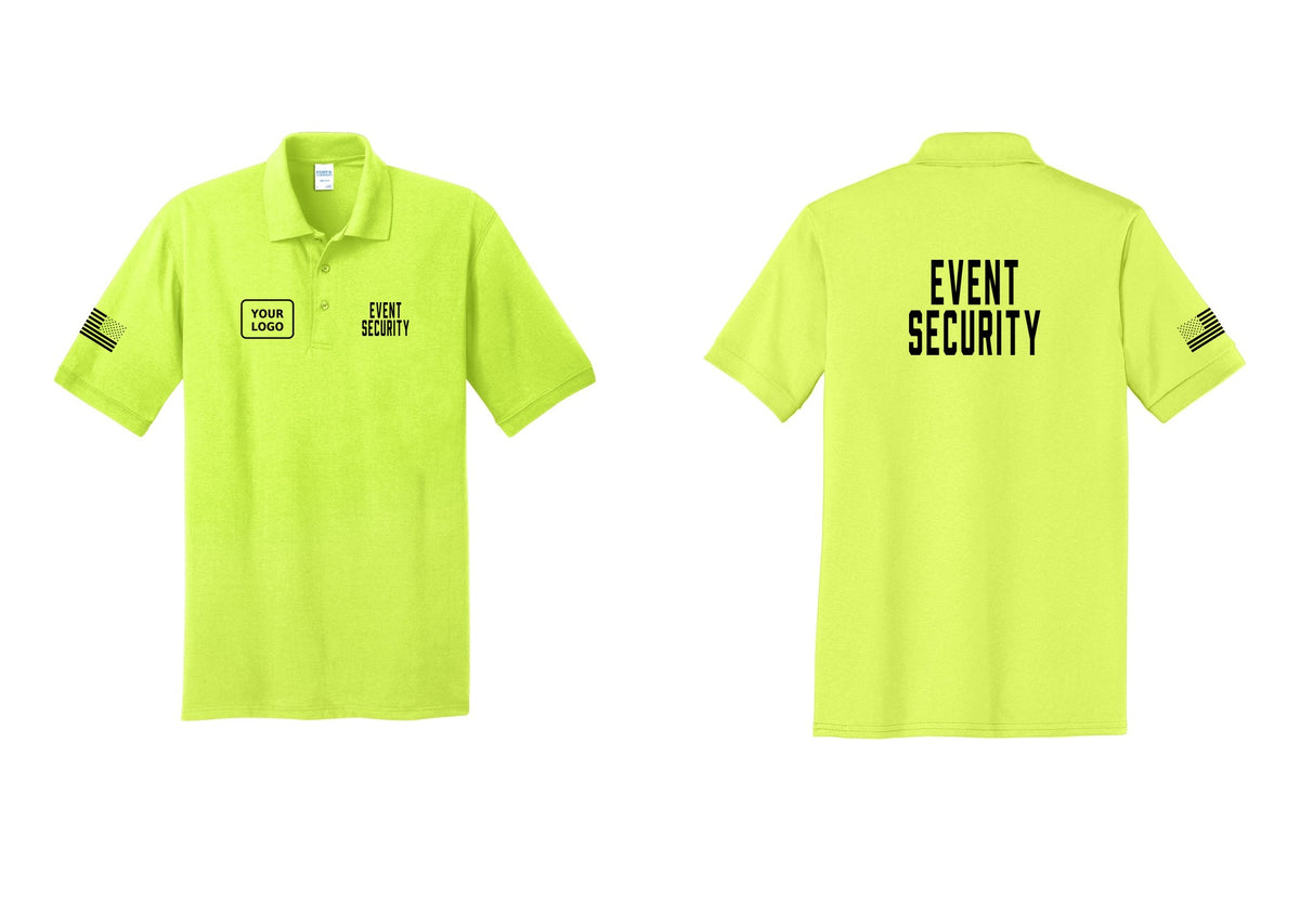 NYC Factory Custom Logo Event Security Polo Shirt (Classic) - EVENT SECURITY + Your Logo + Back + US Flag Sleeve - Safety Green