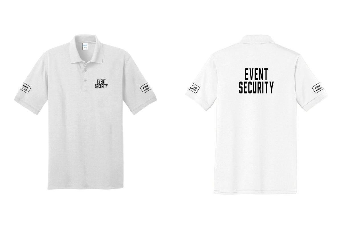 NYC Factory Custom Logo Event Security Polo Shirt (Classic) - Chest + Back + Your Logo Sleeves - White