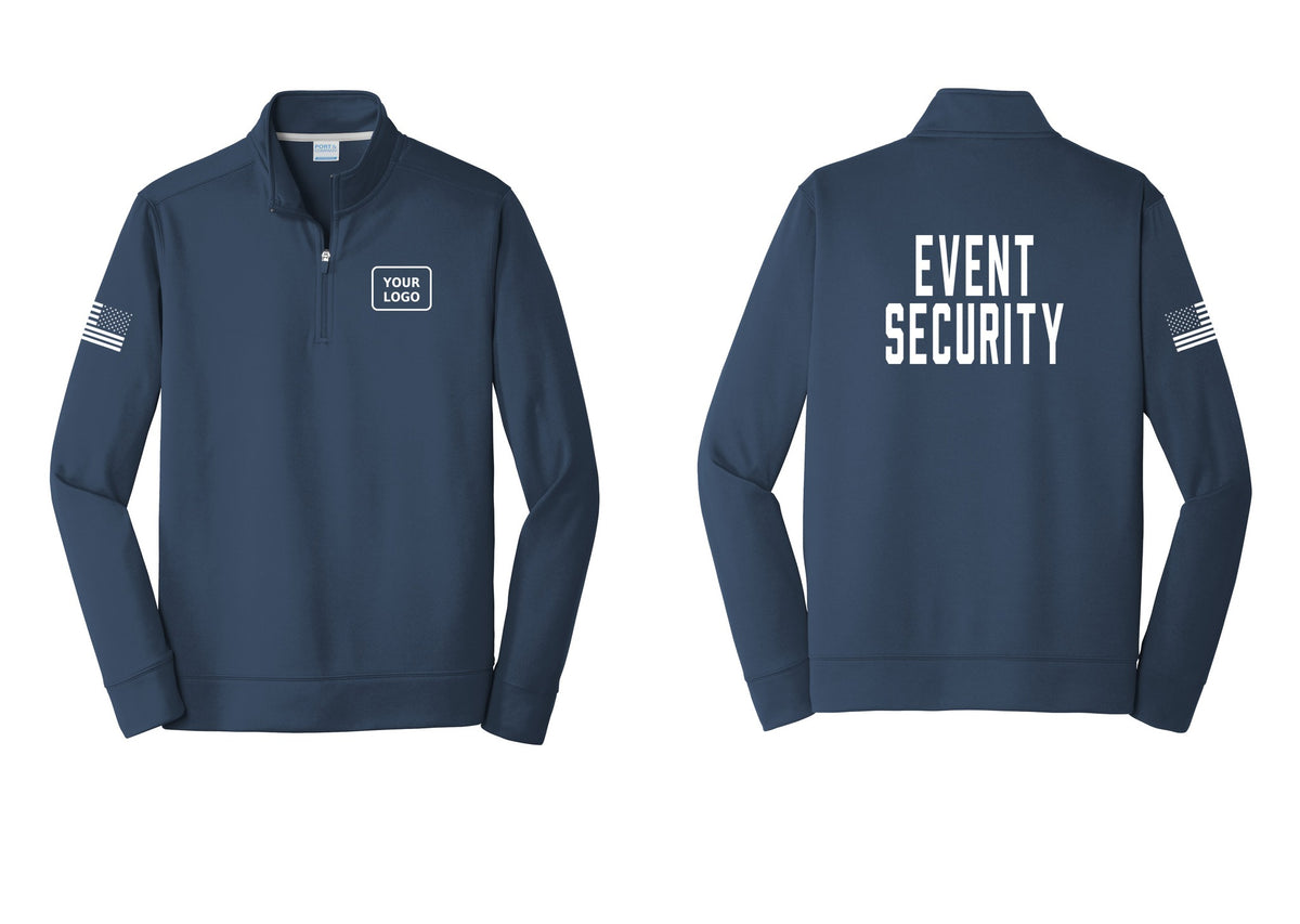 NYC Factory Custom Logo Event Security Performance Fleece 1/4-Zip Pullover Sweatshirt (Classic) - Your Logo + Back + US Flag Sleeve - Navy