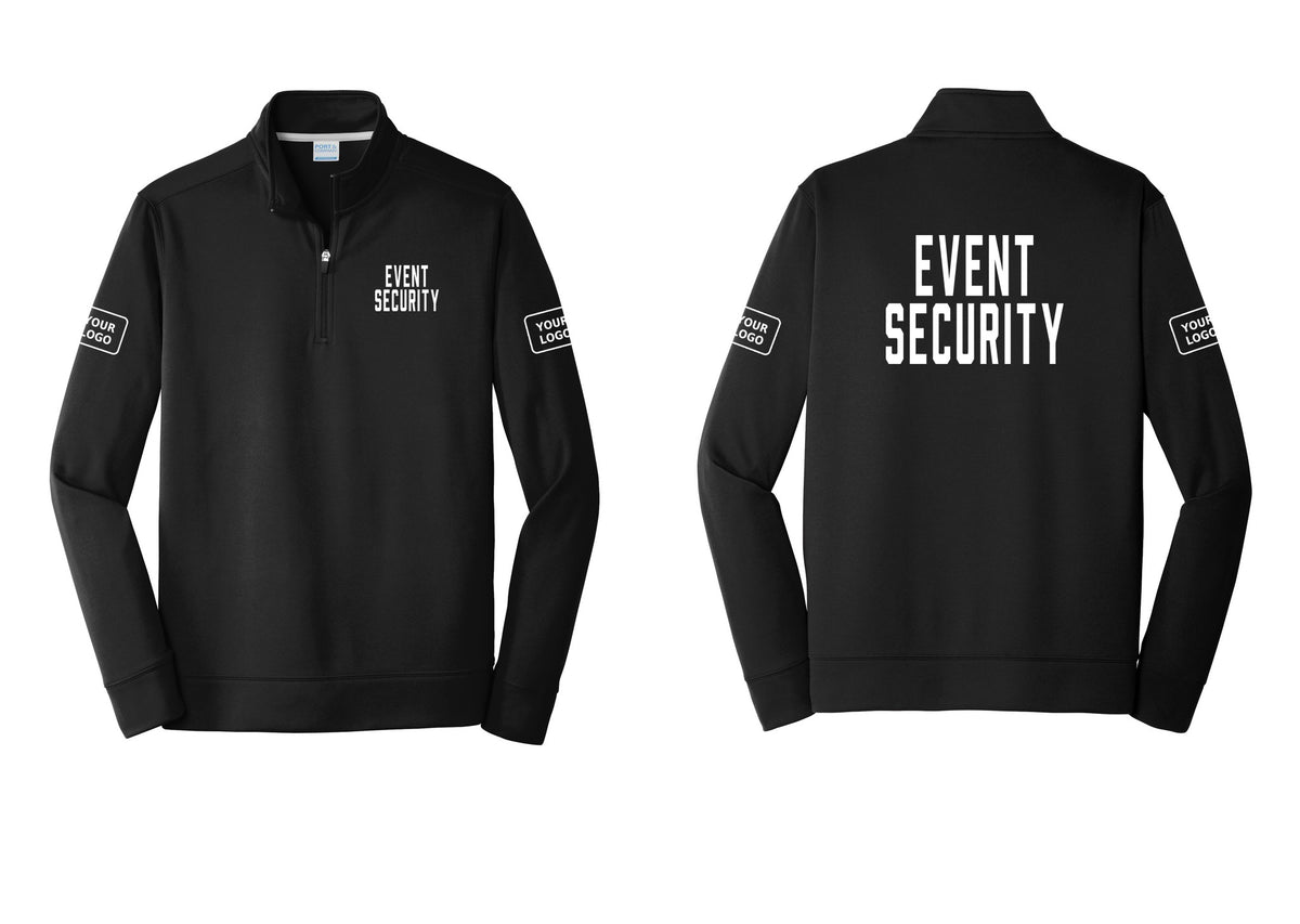 NYC Factory Custom Logo Event Security Performance Fleece 1/4-Zip Pullover Sweatshirt (Classic) - Chest + Back + Your Logo Sleeves - Black