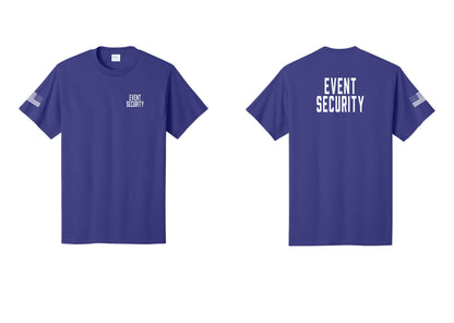 NYC Factory Event Security T-Shirt for Venues & Crowd Management (Classic) - Chest + Back + US Flag Sleeve - Purple