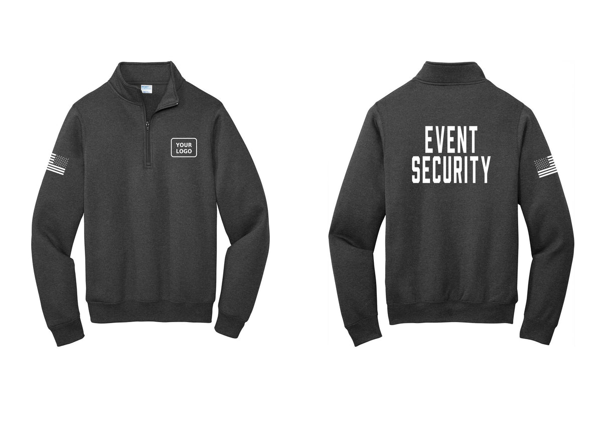NYC Factory Custom Logo Event Security Cotton Fleece 1/4-Zip Pullover Sweatshirt (Classic) - Your Logo + Back + US Flag Sleeve - Dark Heather Grey