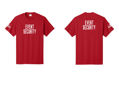 NYC Factory Event Security T-Shirt for Venues & Crowd Management (Classic) - Front + Back + US Flag Sleeve - Red