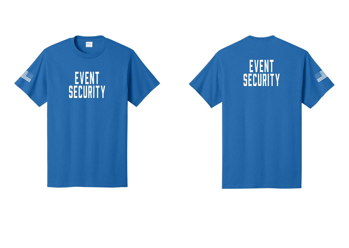 NYC Factory Event Security T-Shirt for Venues & Crowd Management (Classic) - Front + Back + US Flag Sleeve - Royal
