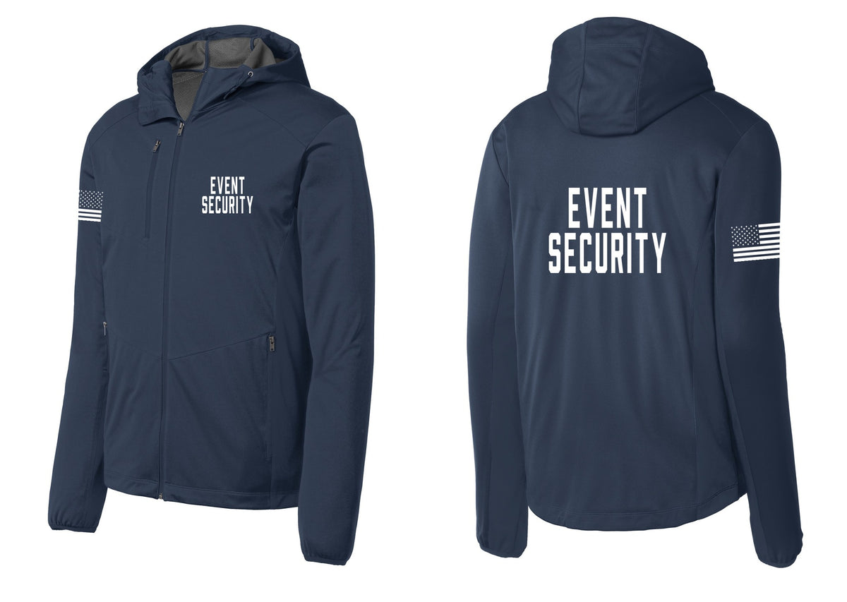 NYC Factory Event Security Soft Shell Hooded Jacket (Classic) - Chest + Back + US Flag Sleeve - Dress Blue Navy