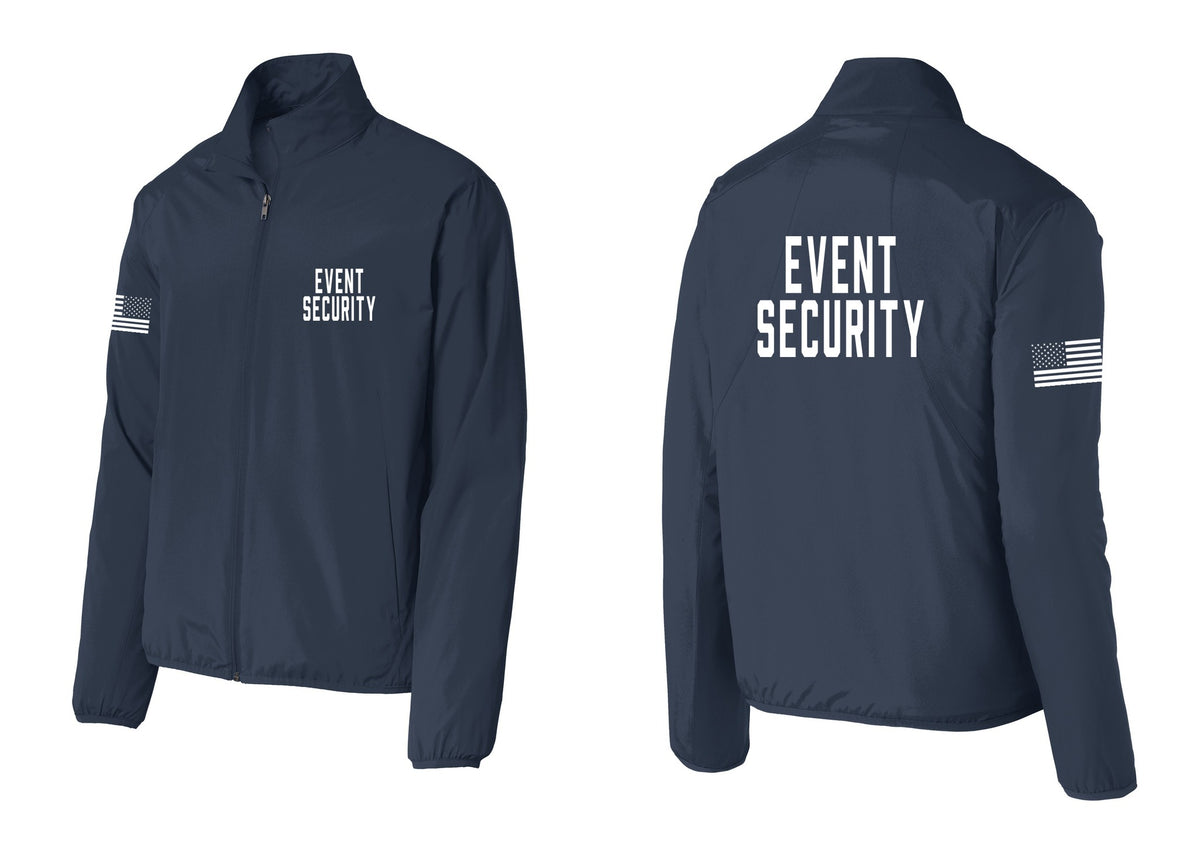 NYC Factory Event Security Windbreaker Full-Zip Jacket (Classic) - Chest + Back + US Flag Sleeve - Dress Blue Navy