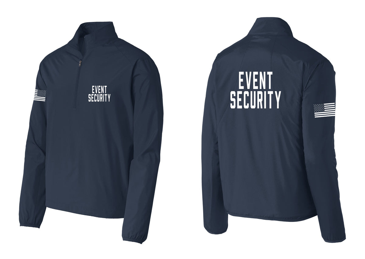 NYC Factory Event Security Windbreaker 1/2-Zip Pullover (Classic) - Chest + Back + US Flag Sleeve - Dress Blue Navy