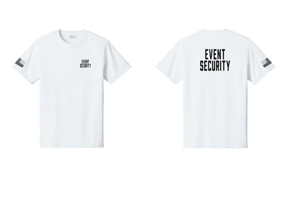 NYC Factory Event Security T-Shirt for Venues & Crowd Management (Classic) - Chest + Back + US Flag Sleeve - White