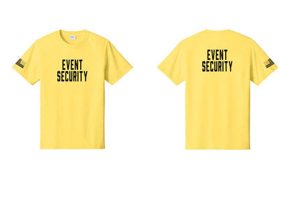 NYC Factory Event Security T-Shirt for Venues & Crowd Management (Classic) - Front + Back + US Flag Sleeve - Yellow
