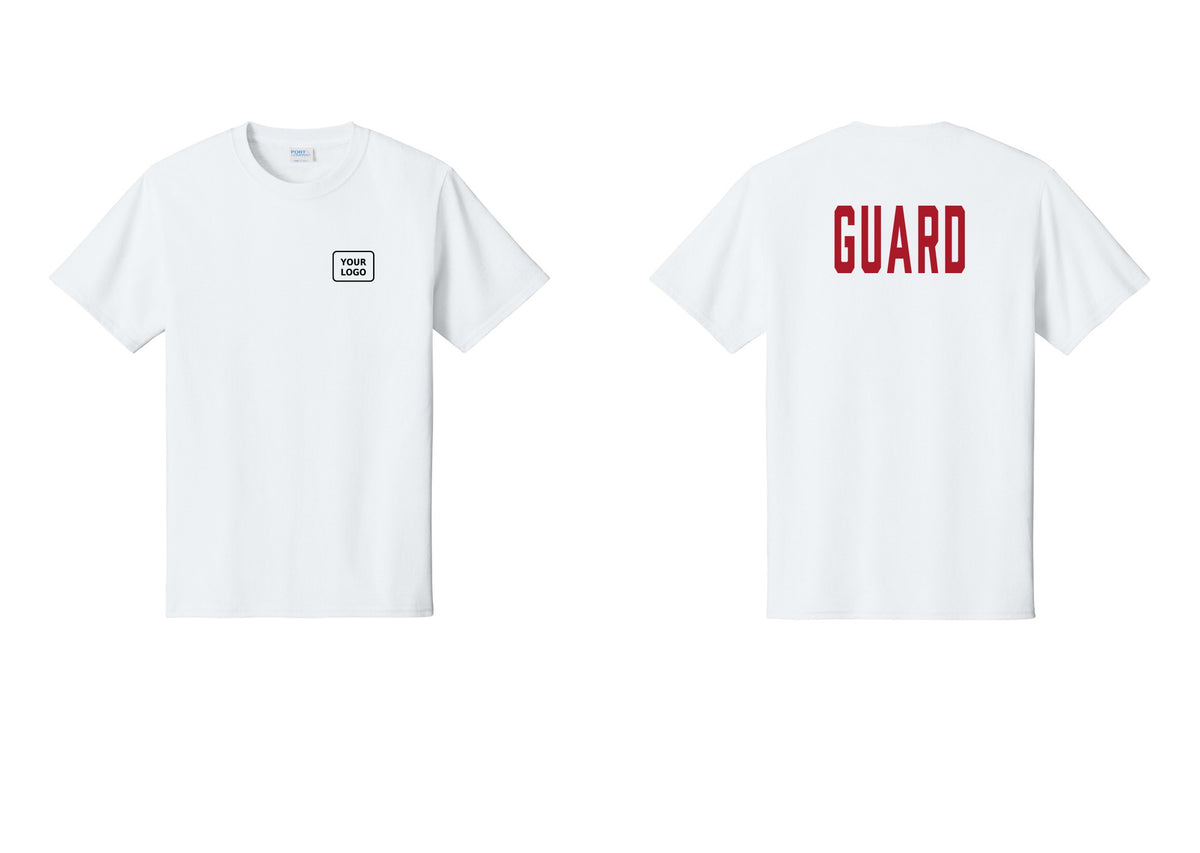 NYC Factory Custom Logo Guard T-Shirt, Condensed Lettering - Your Logo + Back - White