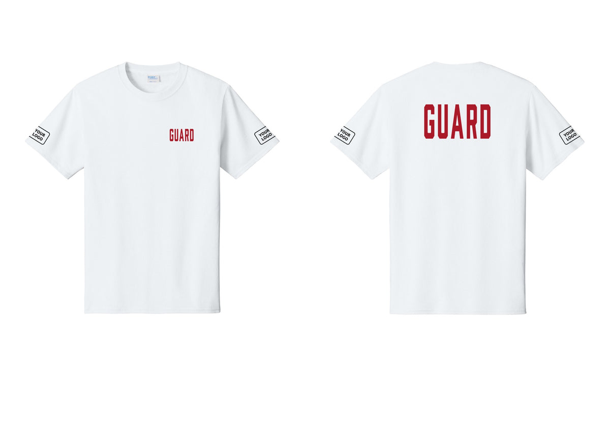 NYC Factory Custom Logo Guard T-Shirt, Condensed Lettering - Chest + Back + Your Logo Sleeves - White