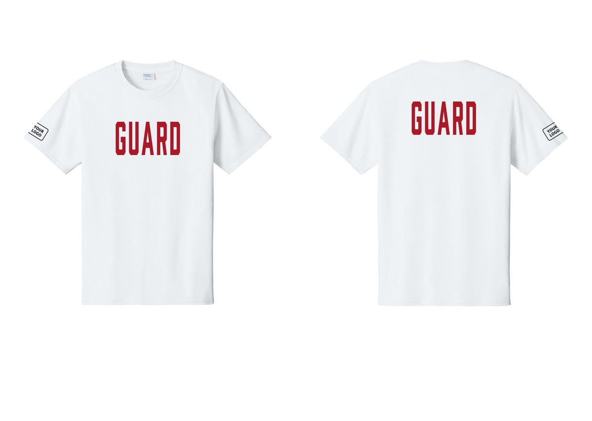 NYC Factory Custom Logo Guard T-Shirt, Condensed Lettering - Front + Back + Your Logo Sleeve - White