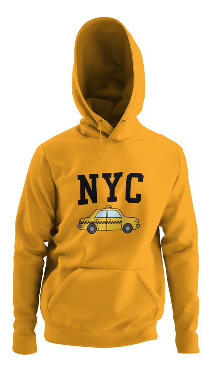 Yellow hoodie with 'NYC' and taxi graphic on a white background