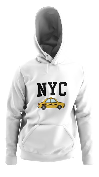 Mens White hoodie with 'NYC' and taxi graphic on a white background