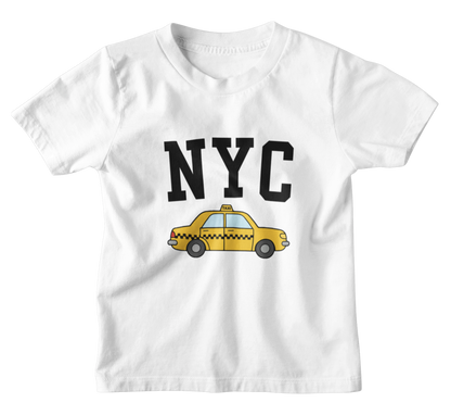 White kids t-shirt with 'NYC' and a taxi graphic on a white background