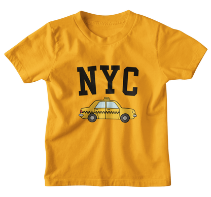 Yellow kids t-shirt with 'NYC' and taxi graphic on a white background