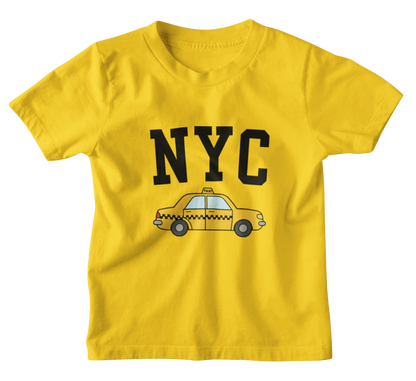 Yellow kids t-shirt with a taxi and 'NYC' text on a white background