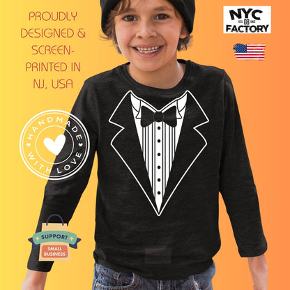 Kids Tuxedo Tee Long Sleeve Funny T-Shirt Youth Black Bowtie & Rose