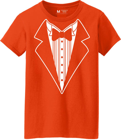Ladies Faux Tuxedo T-Shirt (Orange, Bowtie)