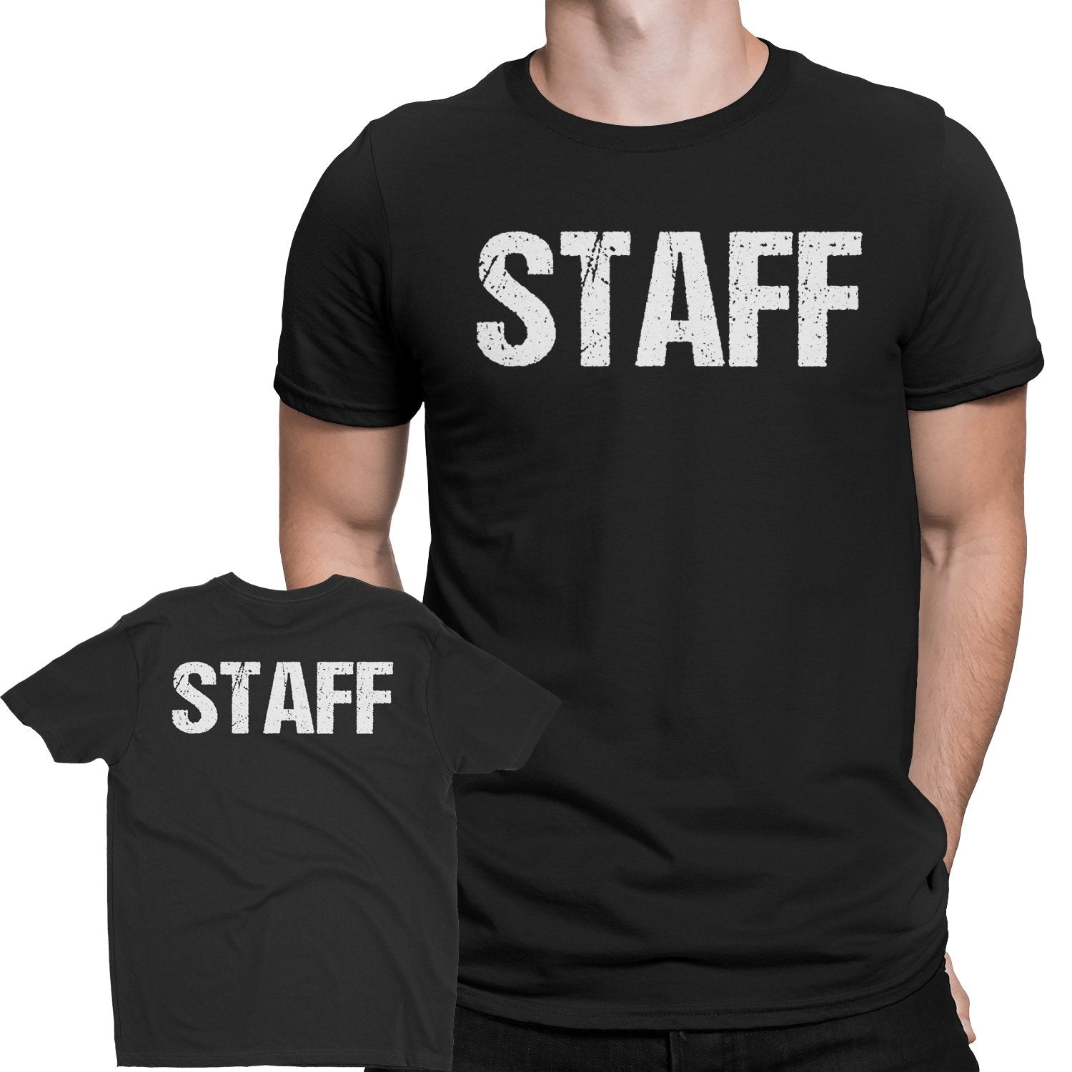 Men's Staff tee Design Screen Printed Front & Back (Distressed, Black & White)